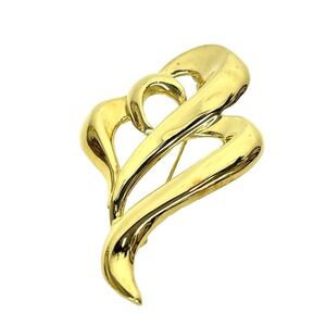 Vintage 1980s Swirl Double Hearts Abstract Modernistic Gold Tone Brooch Pin